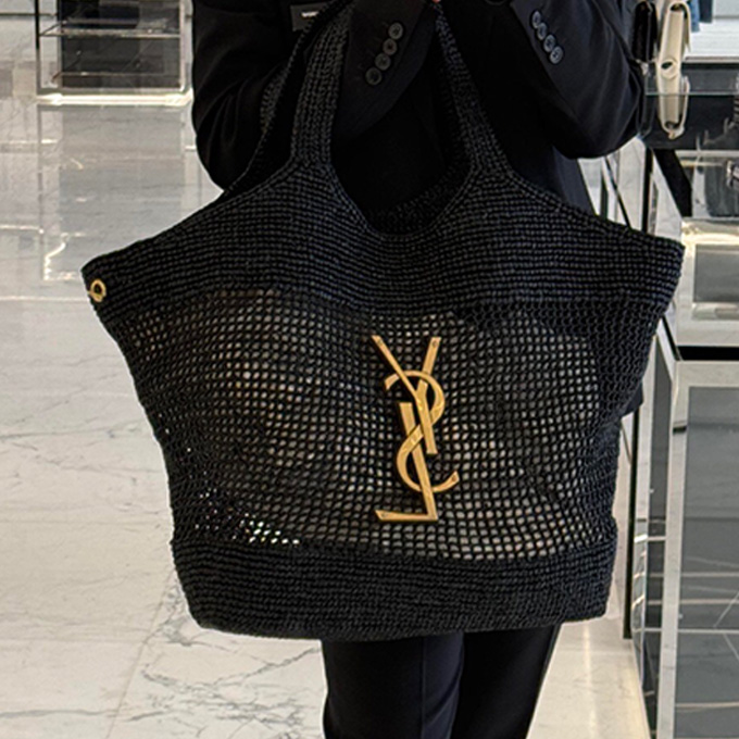 ysl icare large woven raffia tote shopping bag